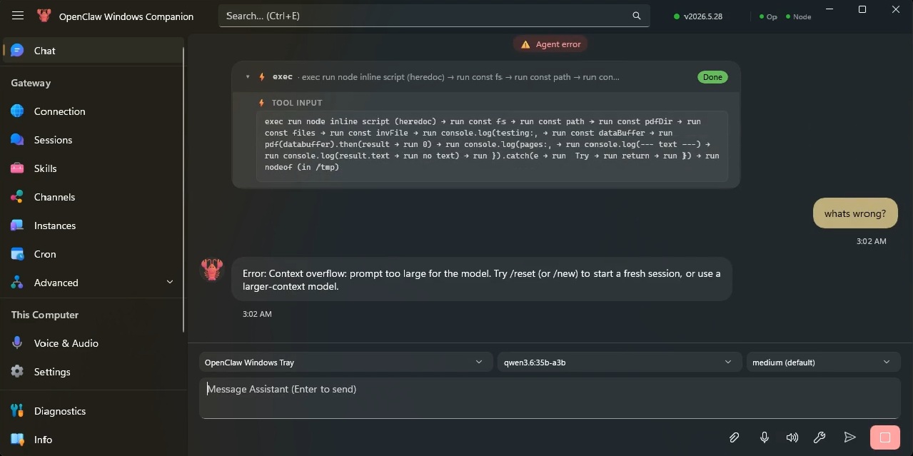 OpenClaw run stalled after repeated PDF parsing attempts
