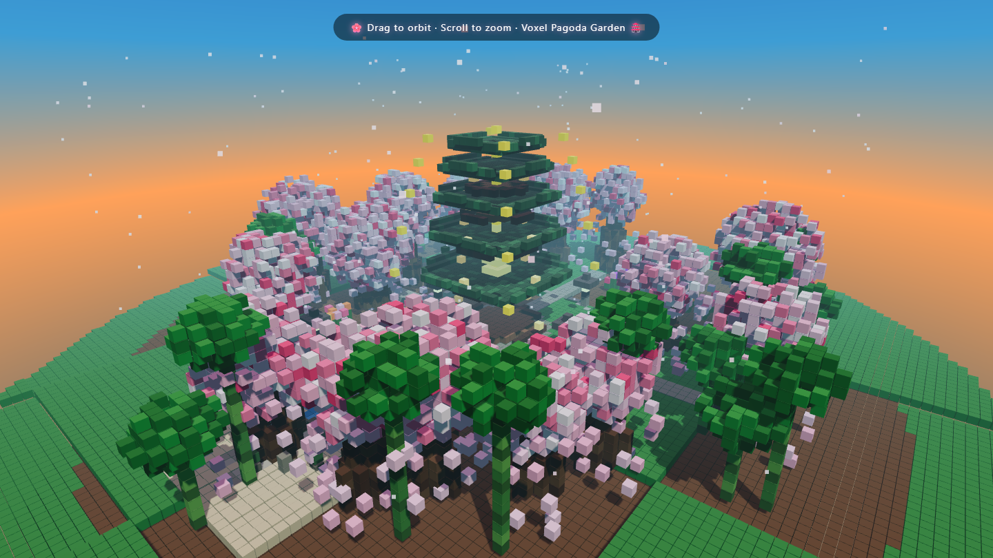 Dusk voxel pagoda garden with jade green roofs, dense cherry blossoms, and falling petals