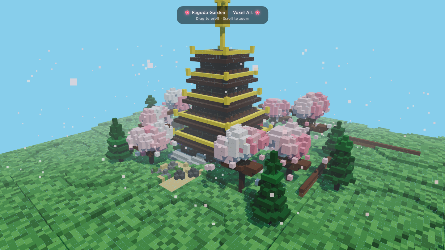 Five-tier dark voxel pagoda with gold eaves, cherry blossoms, evergreens, and falling petals