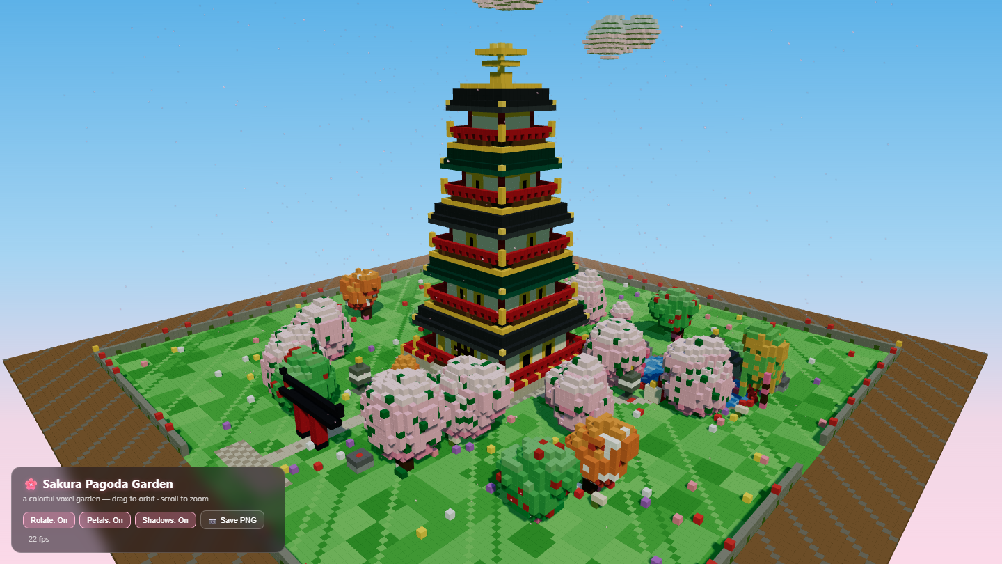 Colorful voxel pagoda garden with a five-tier pagoda, sakura trees, garden paths, and floating petals