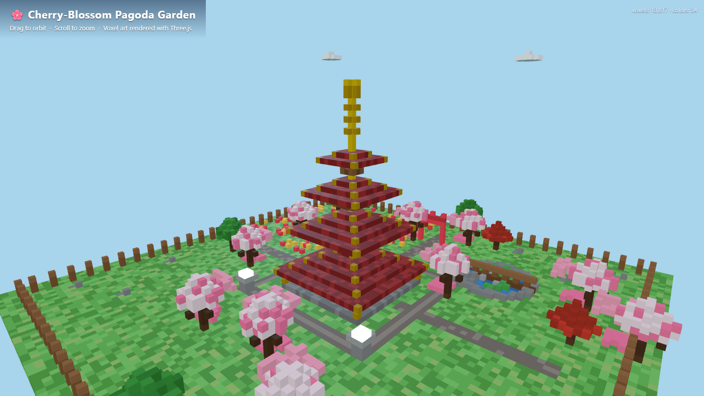 Cherry-blossom voxel pagoda garden with a red five-tier pagoda, torii gate, paths, bridge, and pond
