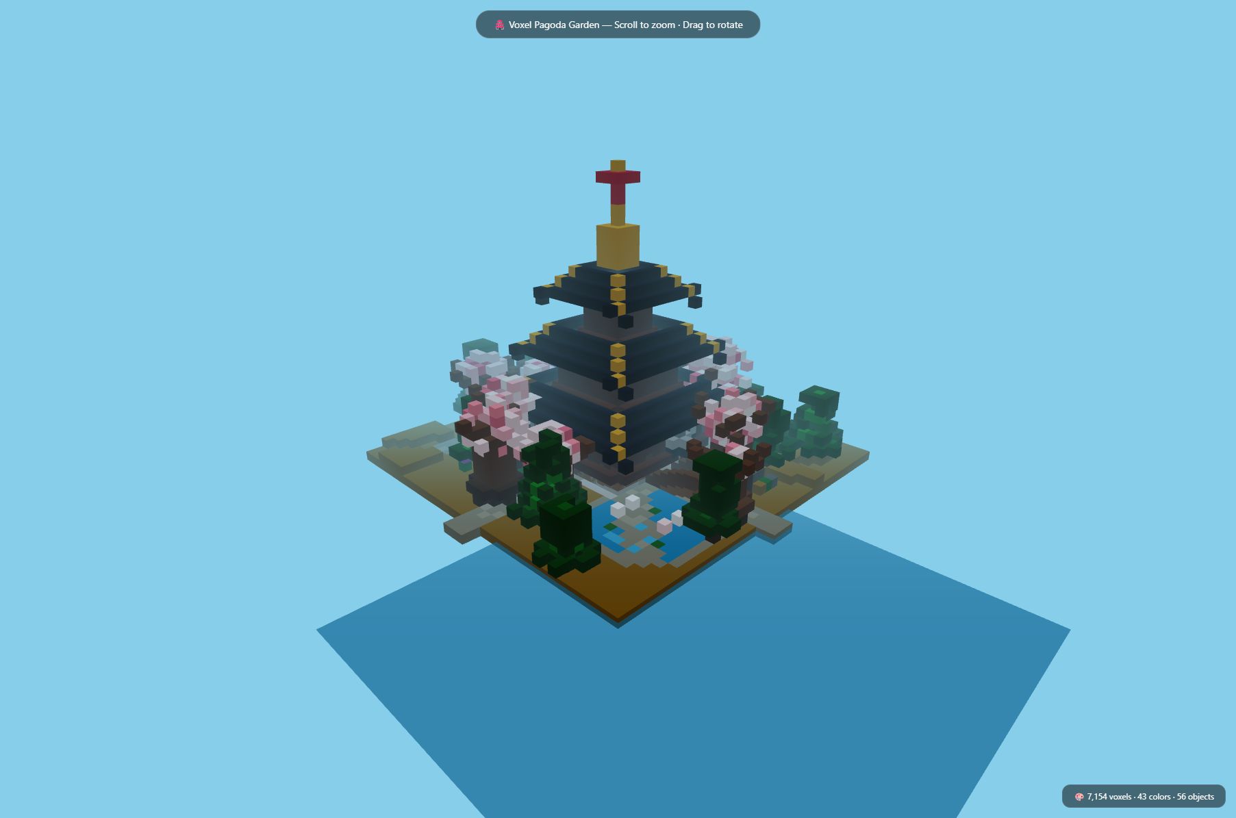 Dark-blue and gold voxel pagoda on a garden island with cherry trees, evergreens, water, and stone paths