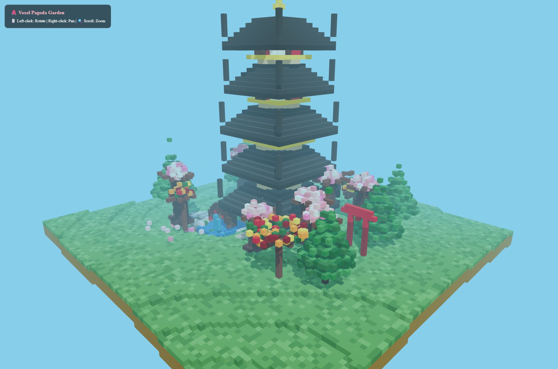 Colorful voxel pagoda garden with cherry trees, water, a torii gate, and flowers from the Deepwen thinking-on scene