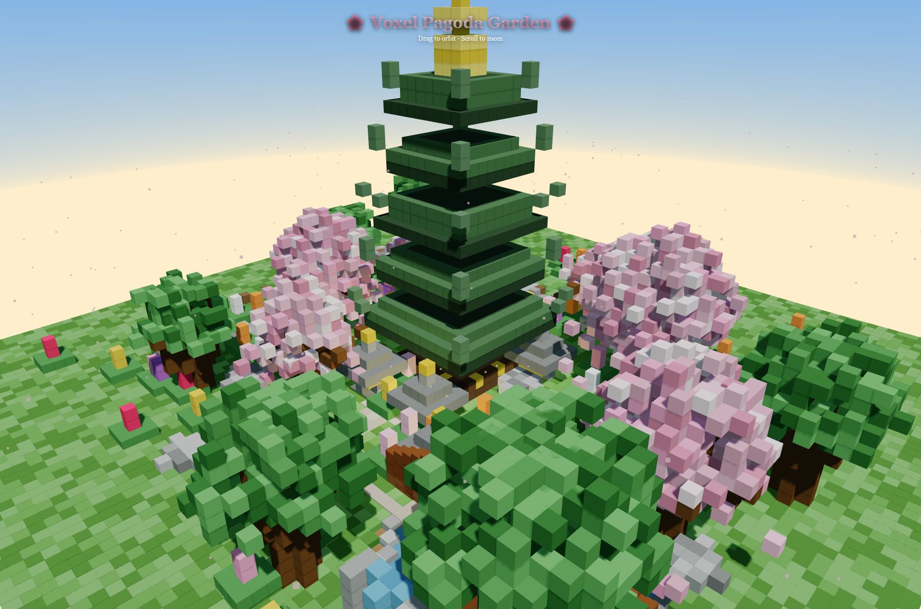 Colorful green voxel pagoda surrounded by cherry blossom trees, paths, lanterns, and a garden pond