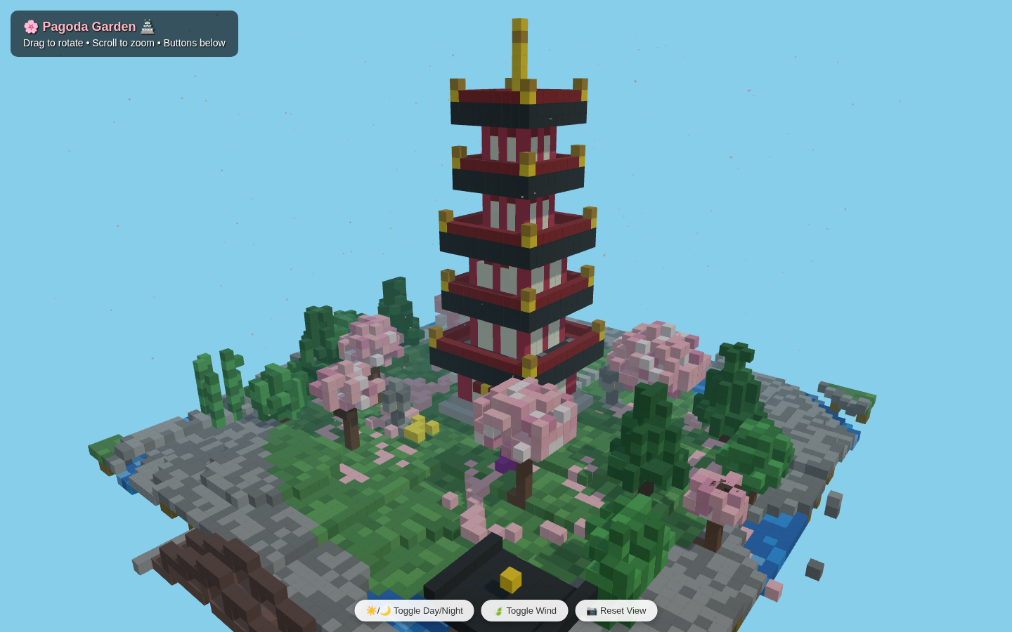 Five-story voxel pagoda surrounded by cherry blossoms and colorful garden paths