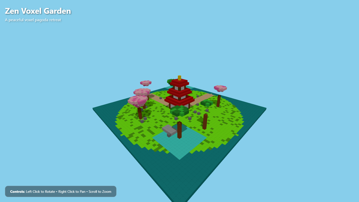 Small voxel zen island garden with a red pagoda, cherry trees, a pond, and stone paths