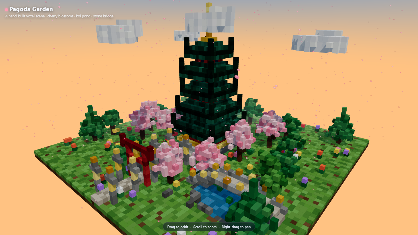 Voxel pagoda garden at sunset with a torii gate, cherry blossoms, stone bridge, pond, and petals