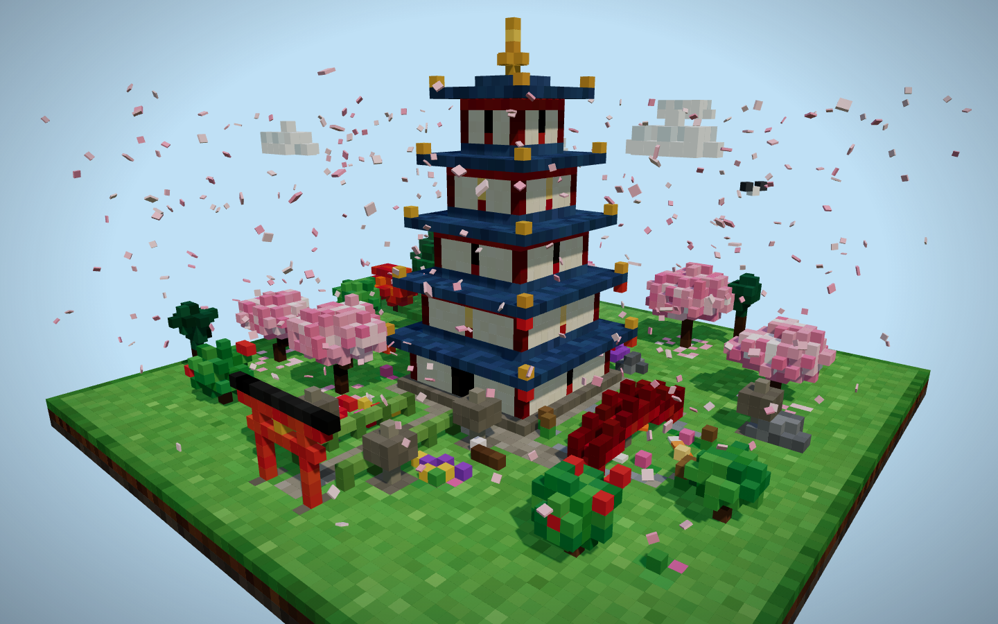 Colorful voxel garden with a five-tier blue-roof pagoda, cherry blossom trees, torii gate, red arched bridge, and stone lanterns