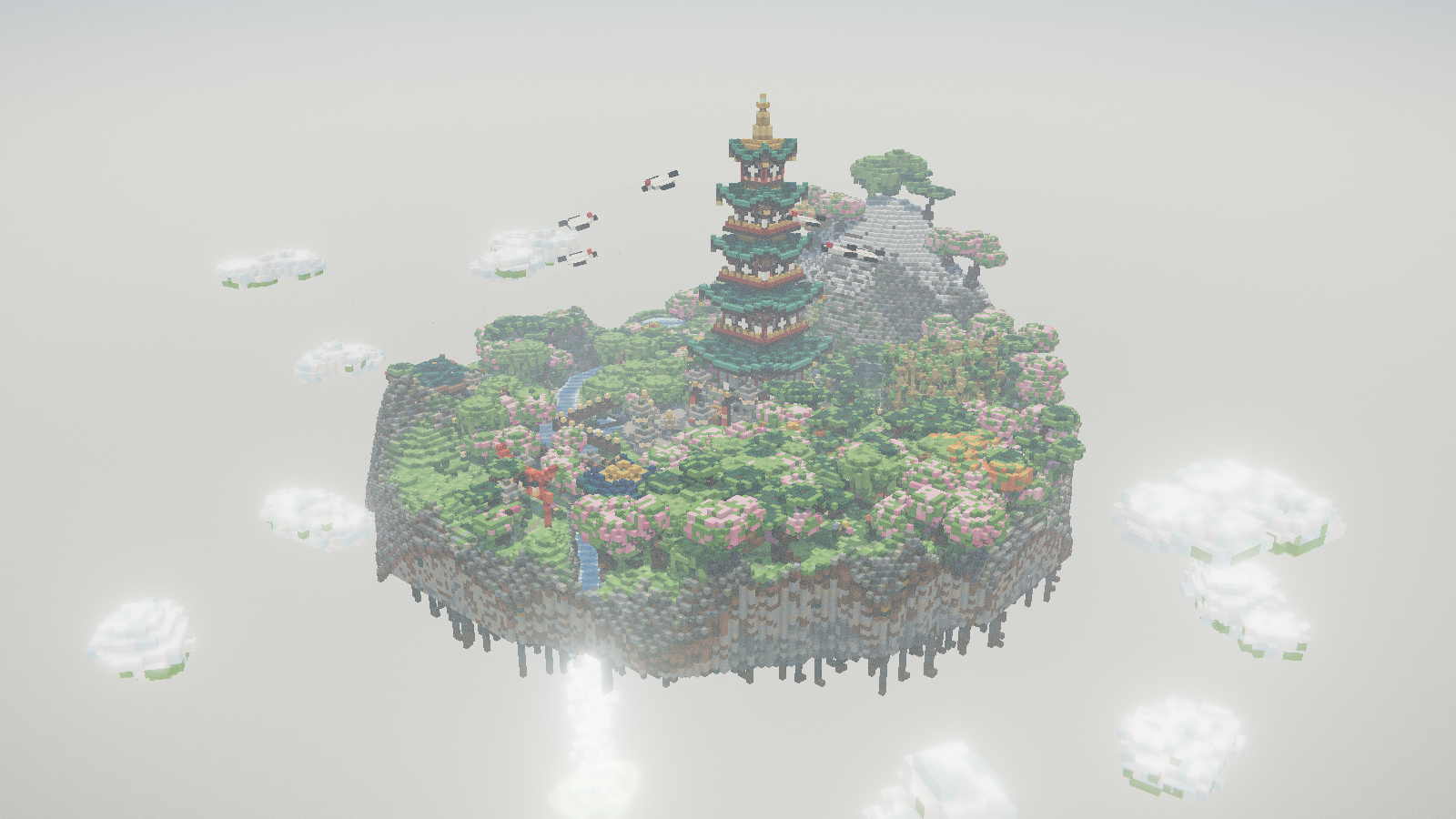 An elaborate voxel pagoda on a floating island with cherry blossom trees, Mirror Pond, waterfalls, a torii gate and a mountain shrine