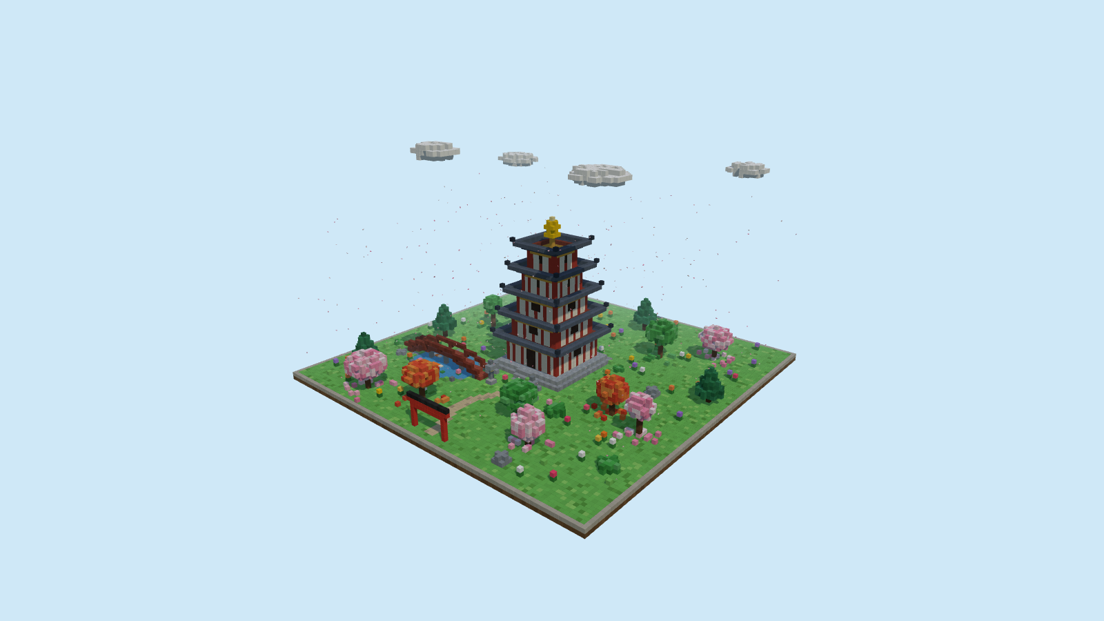 A tiered voxel pagoda surrounded by pink cherry blossoms, a pond, a stone path and a red torii gate