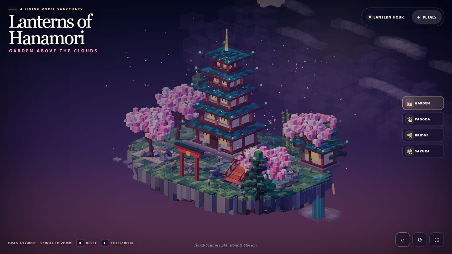 Floating voxel pagoda sanctuary with lantern light, cherry blossoms, torii gate, and a bridge above the clouds