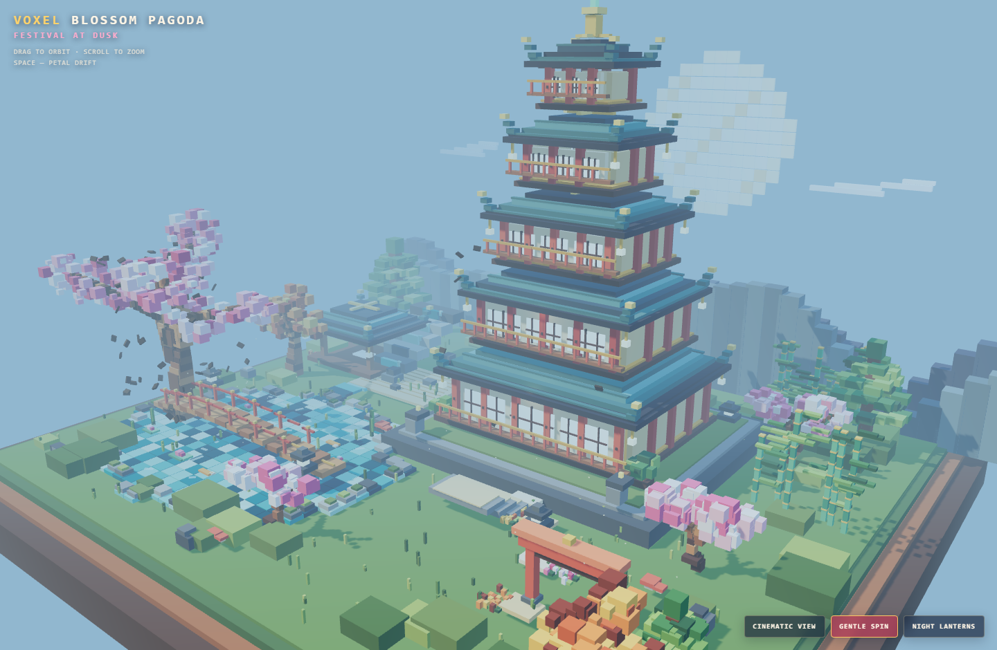 Dawn voxel garden with a five-tier pagoda, teal roofs, cherry blossoms, moon, pond, bridge, bamboo, and lanterns