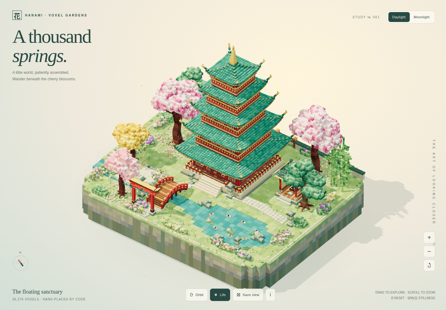 Detailed jade-and-vermilion five-story voxel pagoda surrounded by cherry blossoms, bamboo, a koi pond, stone lanterns, and a red arched bridge