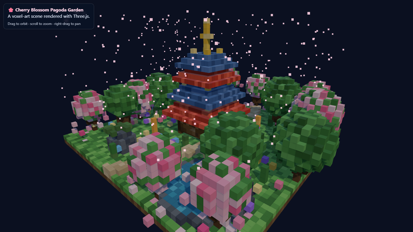 Night voxel pagoda garden with blue roofs, cherry trees, a stream, and falling pink petals