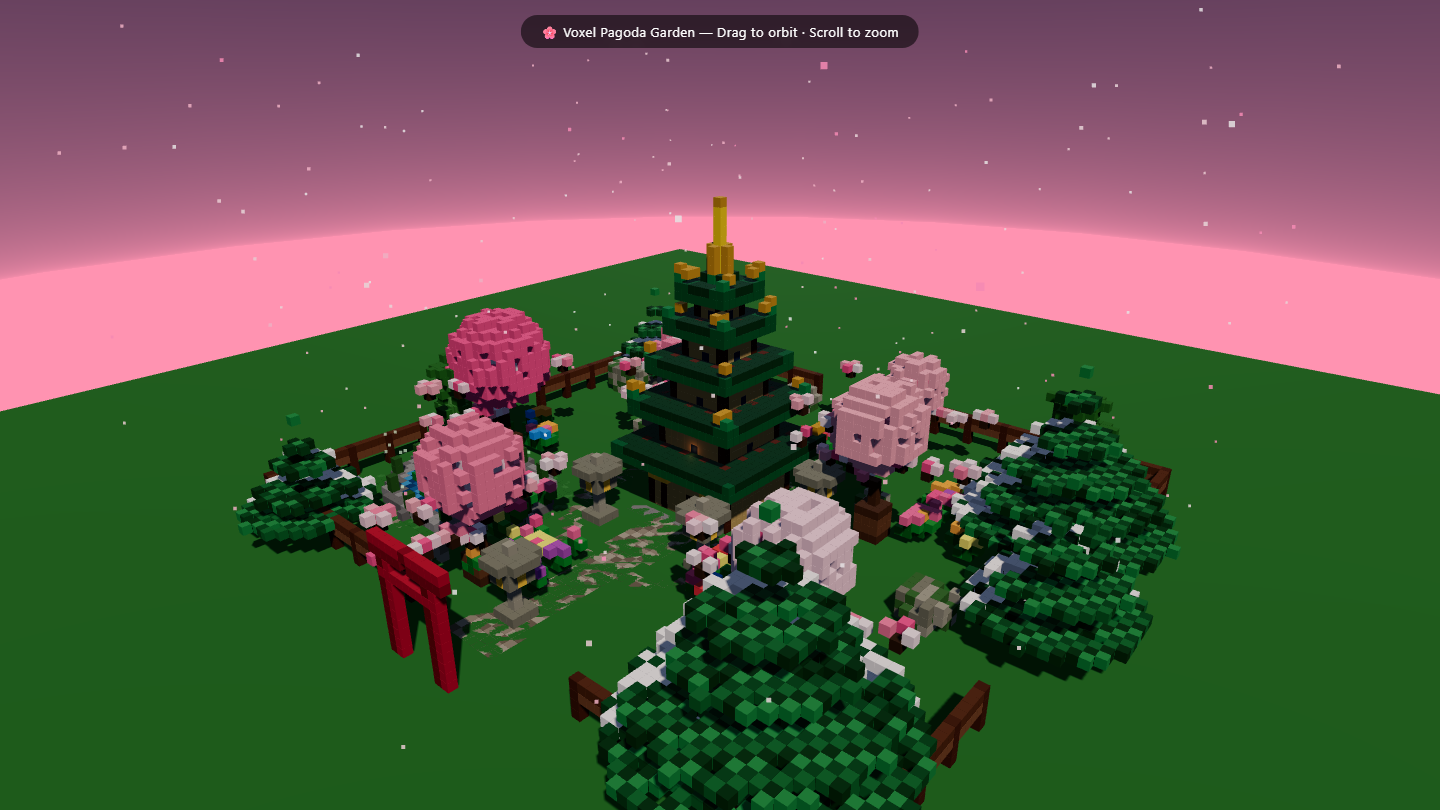 Voxel pagoda garden at pink twilight with a green pagoda, torii gate, lanterns, and cherry trees