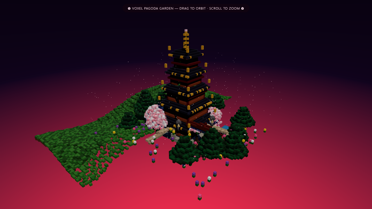 Night voxel pagoda garden with a tall black-and-gold pagoda, cherry blossoms, pines, and lanterns
