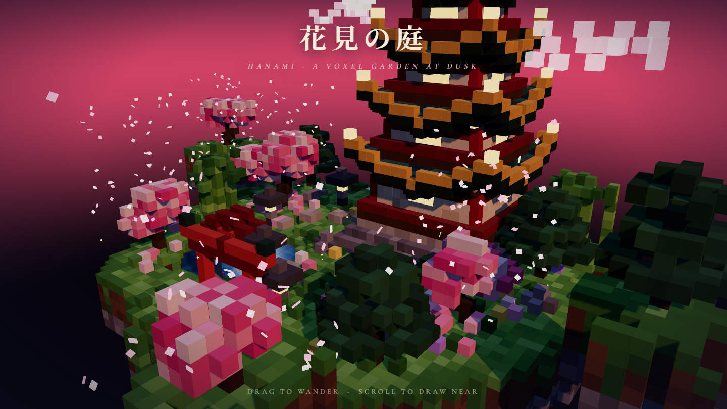 Cinematic dusk voxel garden with a red pagoda, torii gate, flowering cherry trees, and flying petals