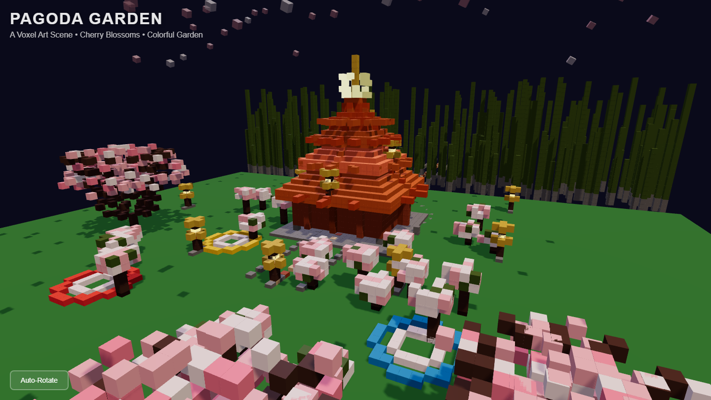 Colorful voxel pagoda garden with terracotta roofs, flowering cherry trees, lanterns, and bamboo