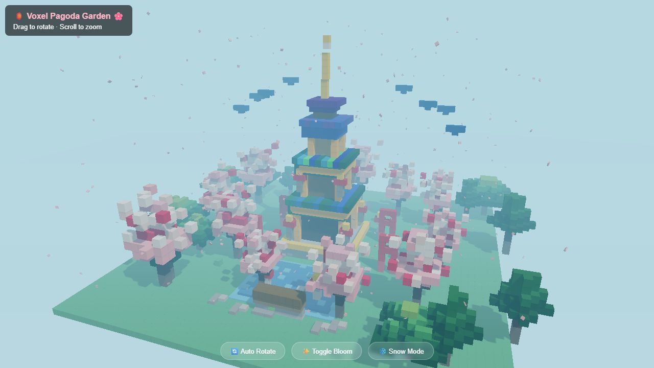 Ling 3.0 Flash colorful voxel pagoda with cherry blossoms, torii gates, pond, trees, clouds, and falling petals