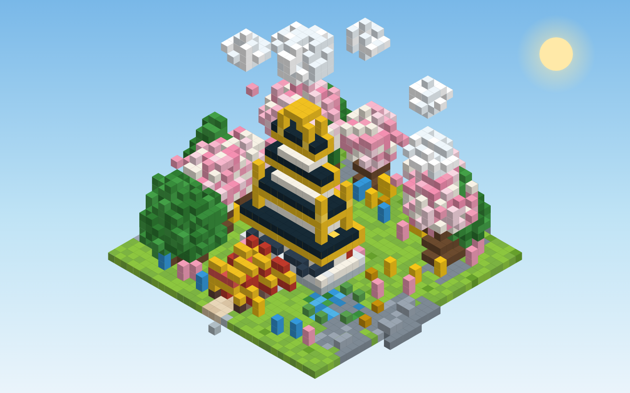 Colorful isometric voxel pagoda garden with cherry blossoms, evergreen trees, a torii gate, pond, and clouds