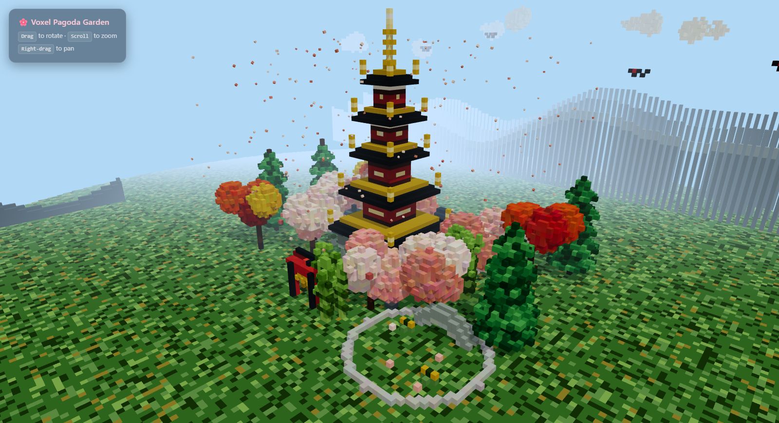 MiniMax M3 colorful voxel pagoda garden with cherry blossoms, torii gate, trees, arched bridge, falling petals, and a five-tier pagoda
