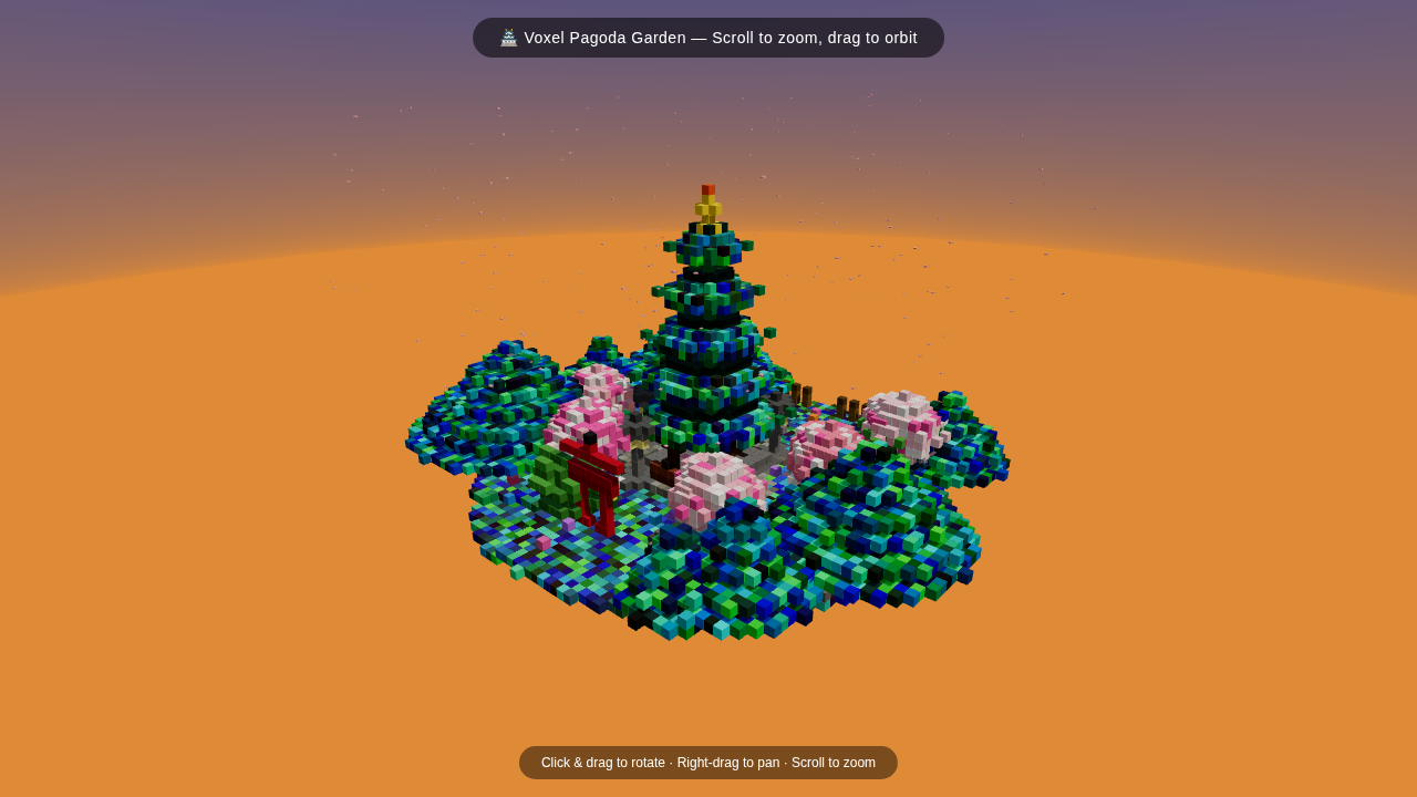 Ornith pass 1 voxel pagoda garden at sunset with deep green trees