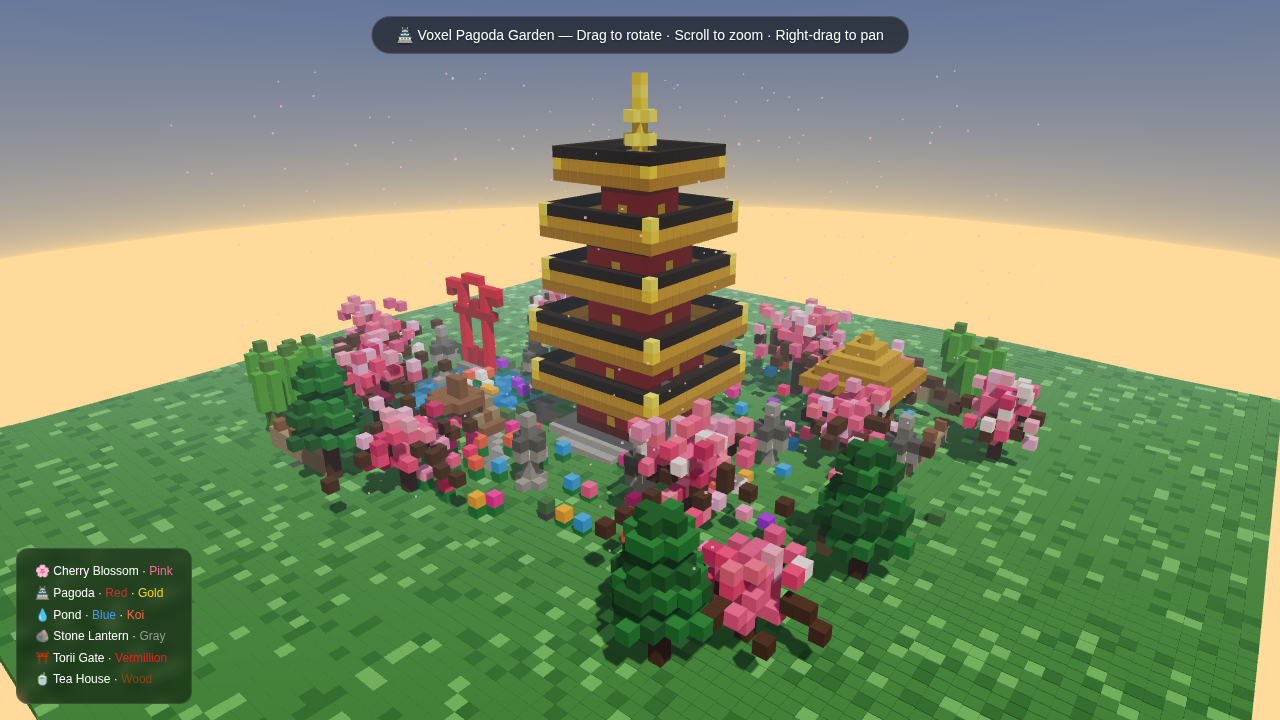 Ornith pass 3 colorful voxel pagoda with cherry blossoms, torii, pond, and tea house