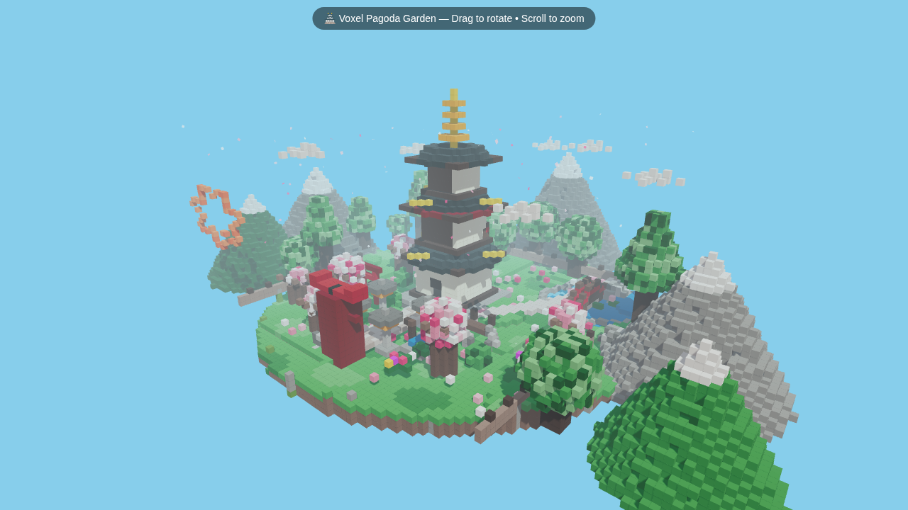 Colorful voxel pagoda garden with cherry blossoms and mountain scenery