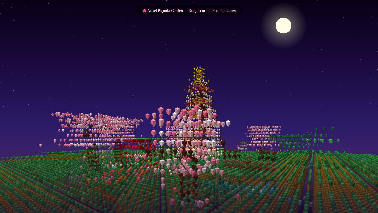 Night voxel pagoda garden under a moon, with cherry blossom trees and colorful ground voxels