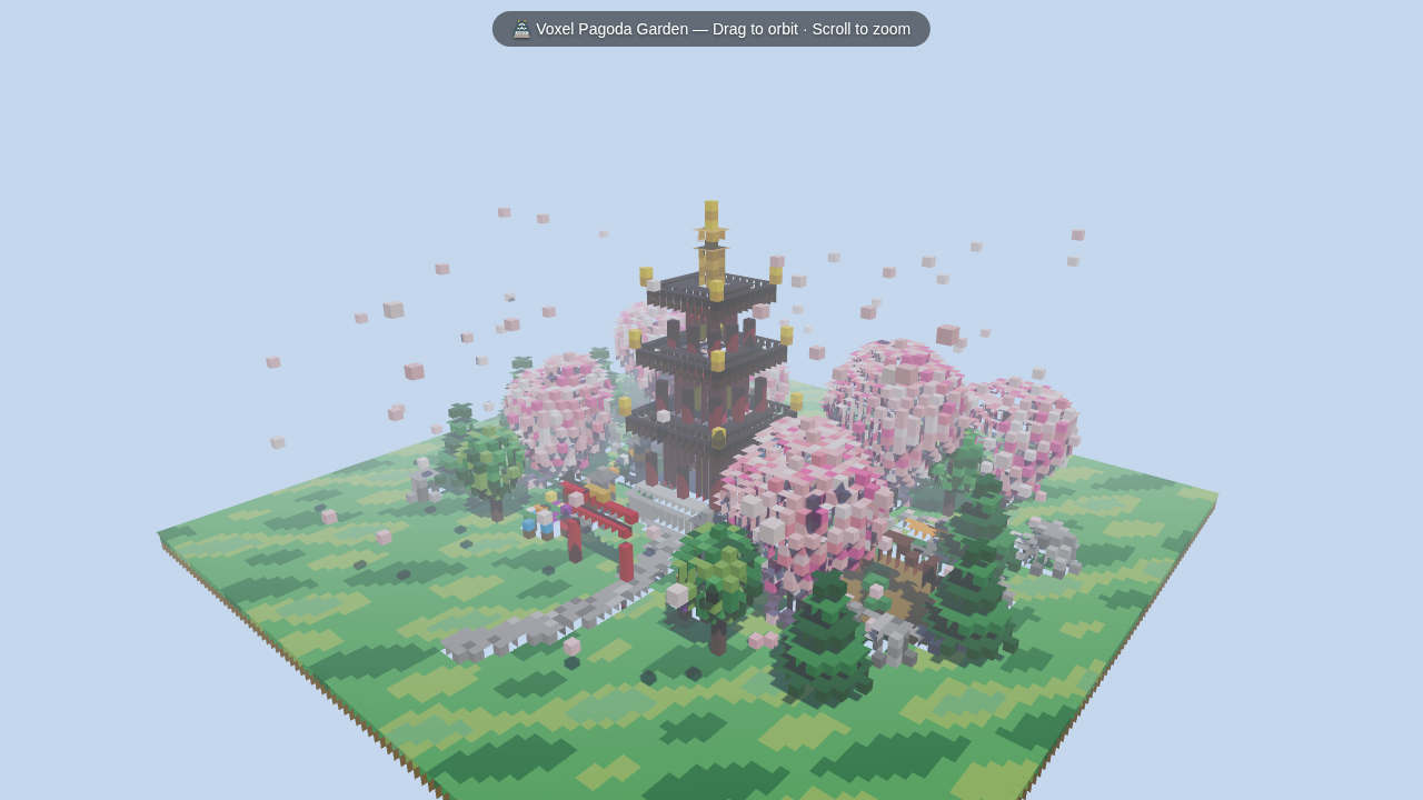Pastel voxel pagoda garden with cherry trees