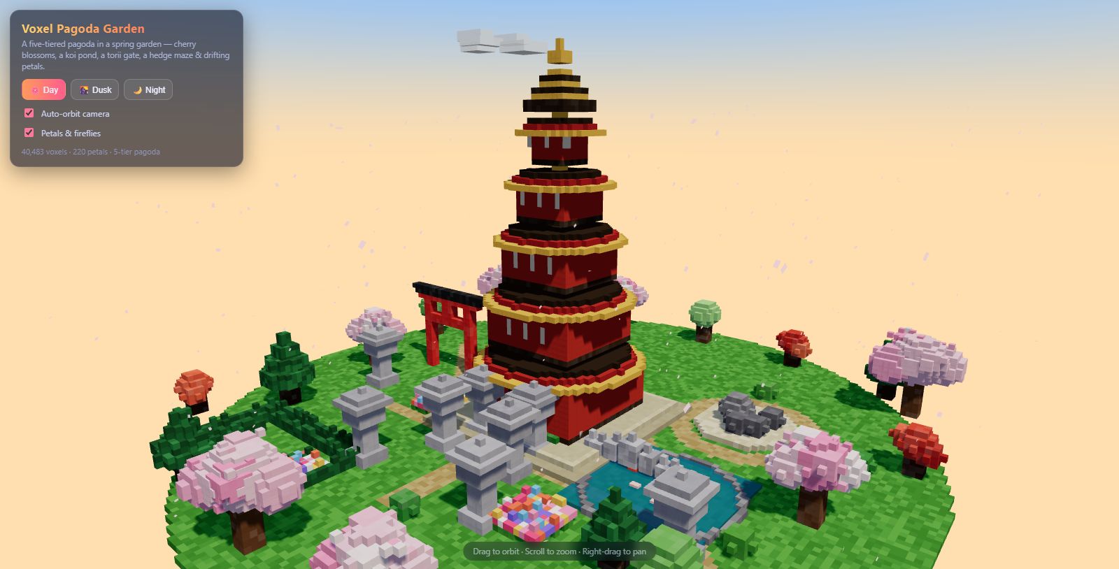 Qwen 3.8 colorful voxel pagoda garden with a five-tier pagoda, cherry blossoms, torii gate, koi pond, stone lanterns, and falling petals