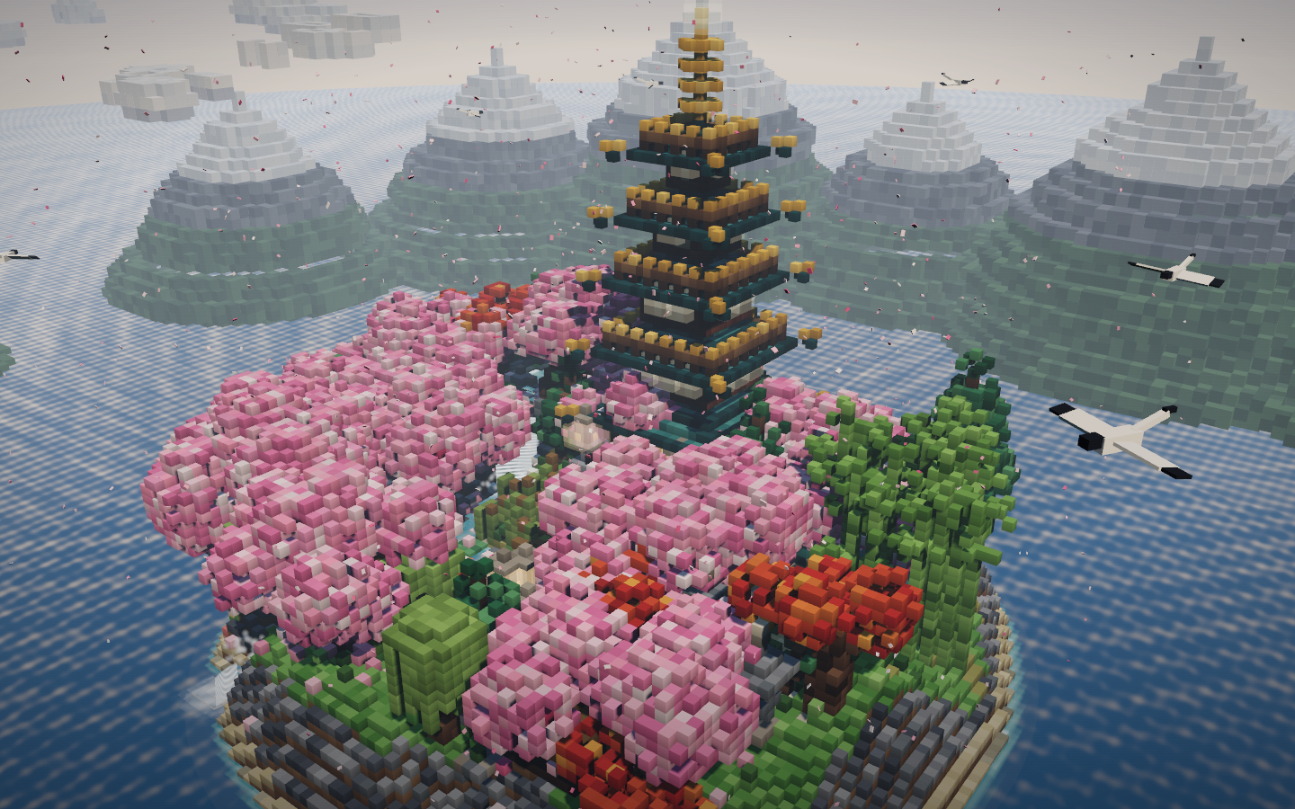 Five-tier voxel pagoda in a cherry blossom garden with a koi pond, red arched bridge, torii gate, bamboo, and stone lanterns