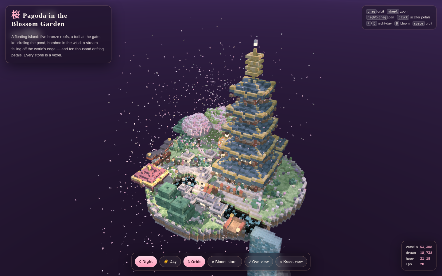 Qwen3.8-Next-Flash-Ciru-4.4 floating voxel island with a five-tier bronze-roof pagoda, cherry blossoms, torii gate, pond, waterfall, and drifting petals