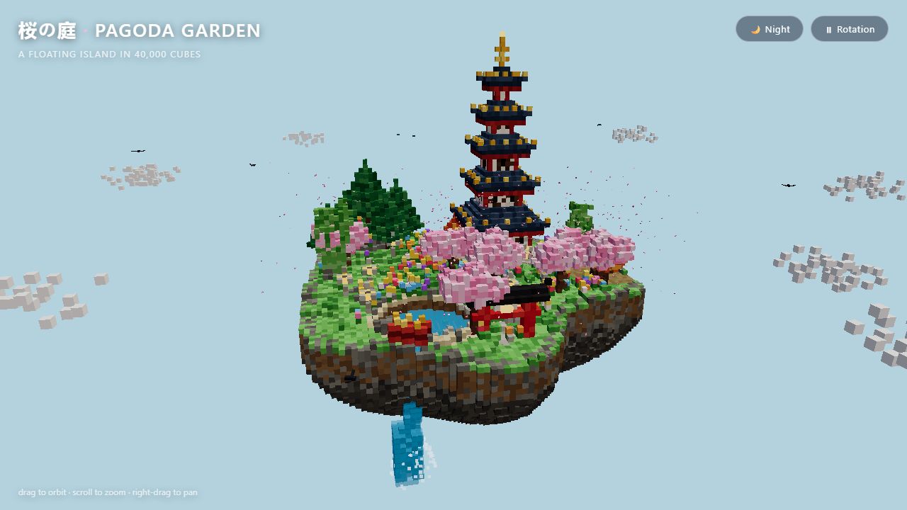 Qwen3.8-Next-Flash-CIRU floating voxel island with a five-tier pagoda, cherry blossoms, torii gate, pond, waterfall, and drifting petals