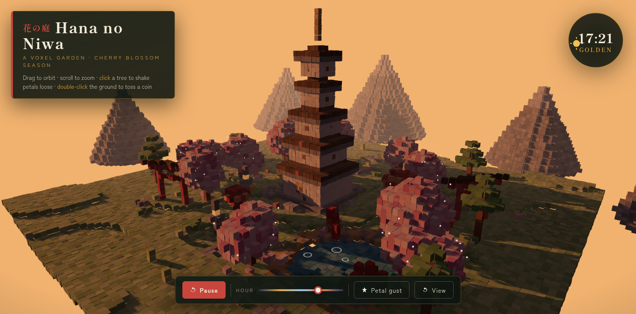 Qwen 3.8 Max pass 2 voxel pagoda garden at golden hour with cherry blossoms, mountains, and pond