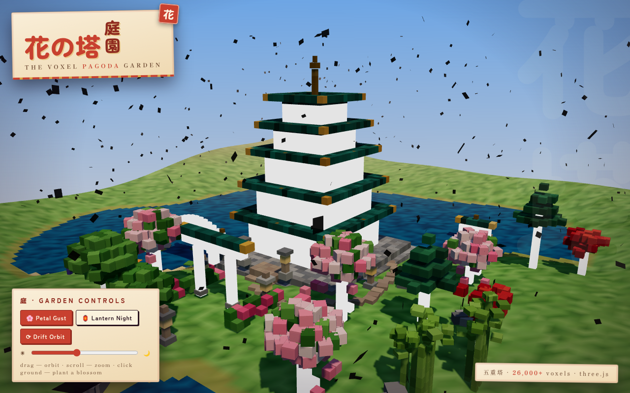 Qwen 3.8 Max voxel pagoda garden with cherry blossoms, torii gate, and pond