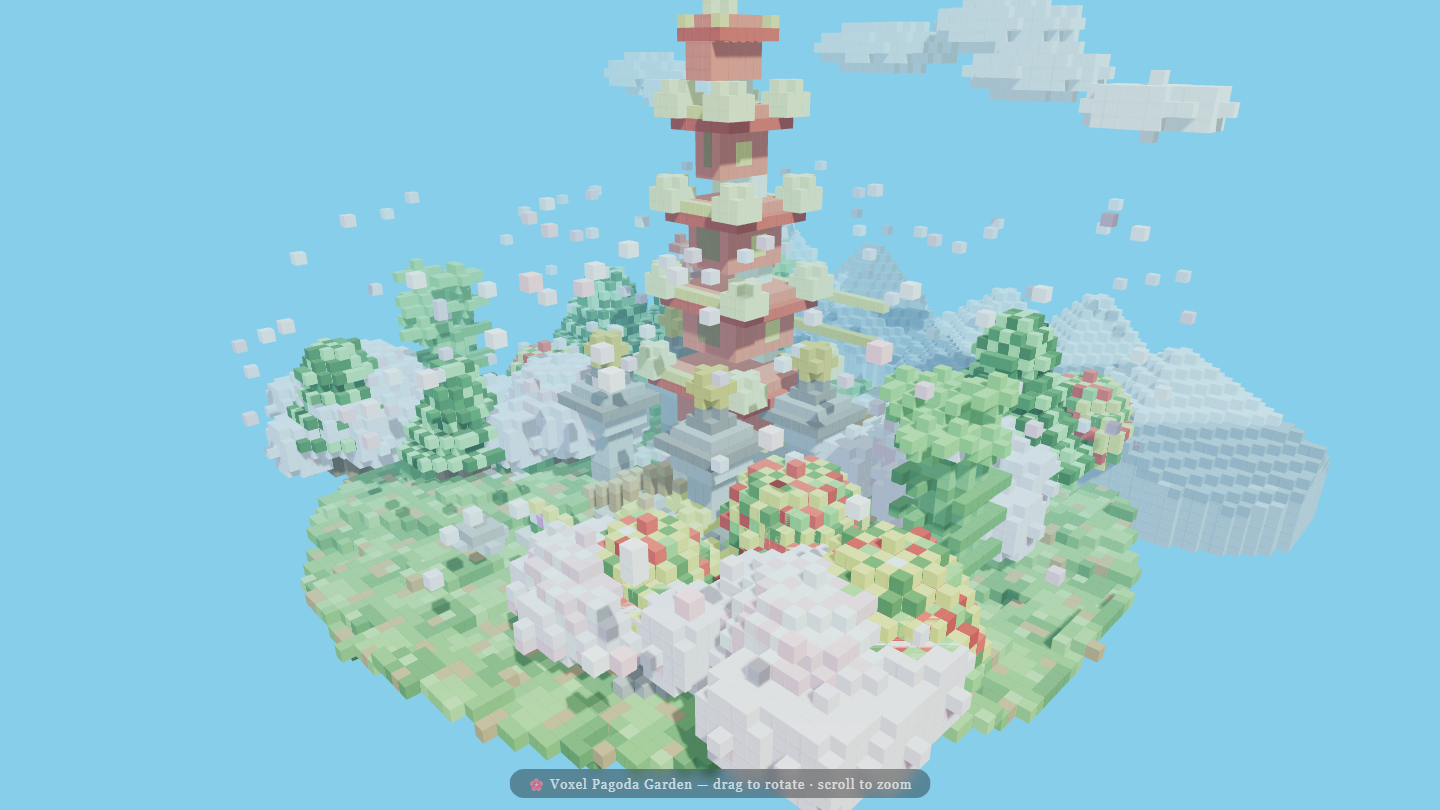 Pastel voxel pagoda garden with flower beds, cherry trees, distant mountains, clouds, and floating petals