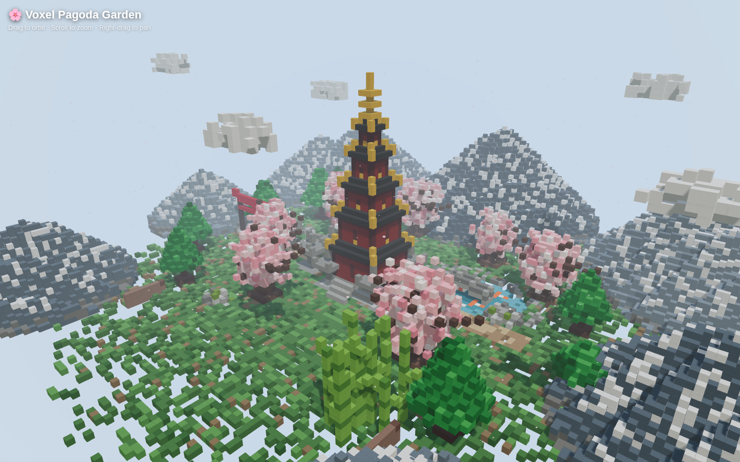 Tess-4 pass 2 loading screen from the generated voxel pagoda garden