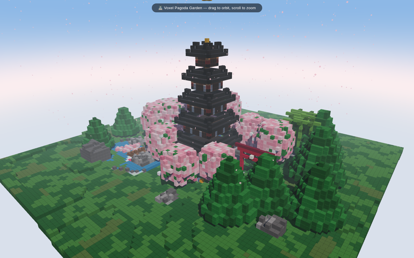 Colorful Tess-4 Vulkan pass 3 voxel garden with a five-tier pagoda, cherry blossoms, bamboo, pond, and falling petals