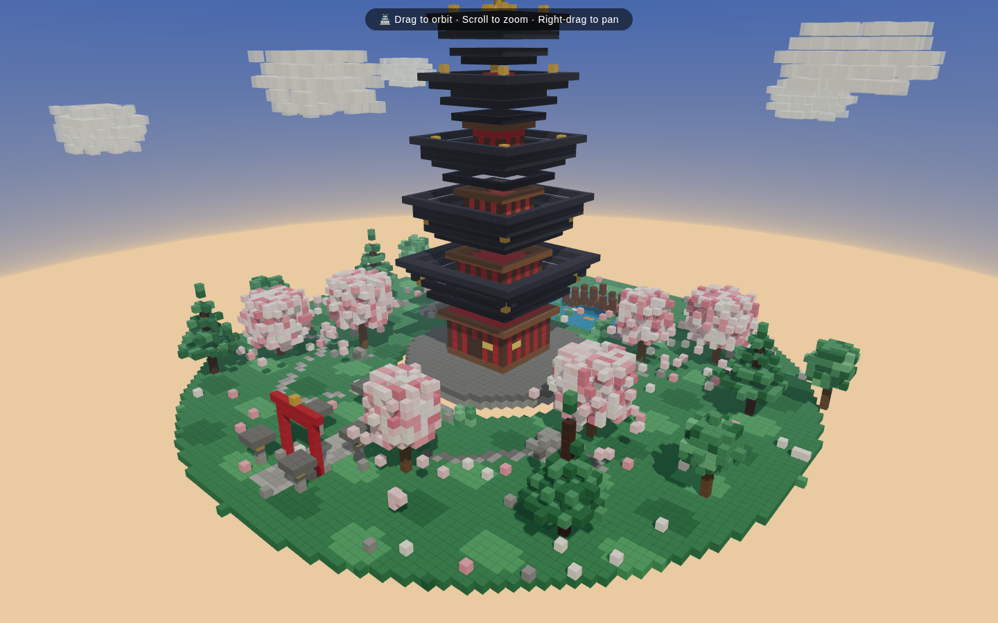 Tess-4 voxel pagoda garden with a tiered pagoda, trees, paths, clouds, and garden structures