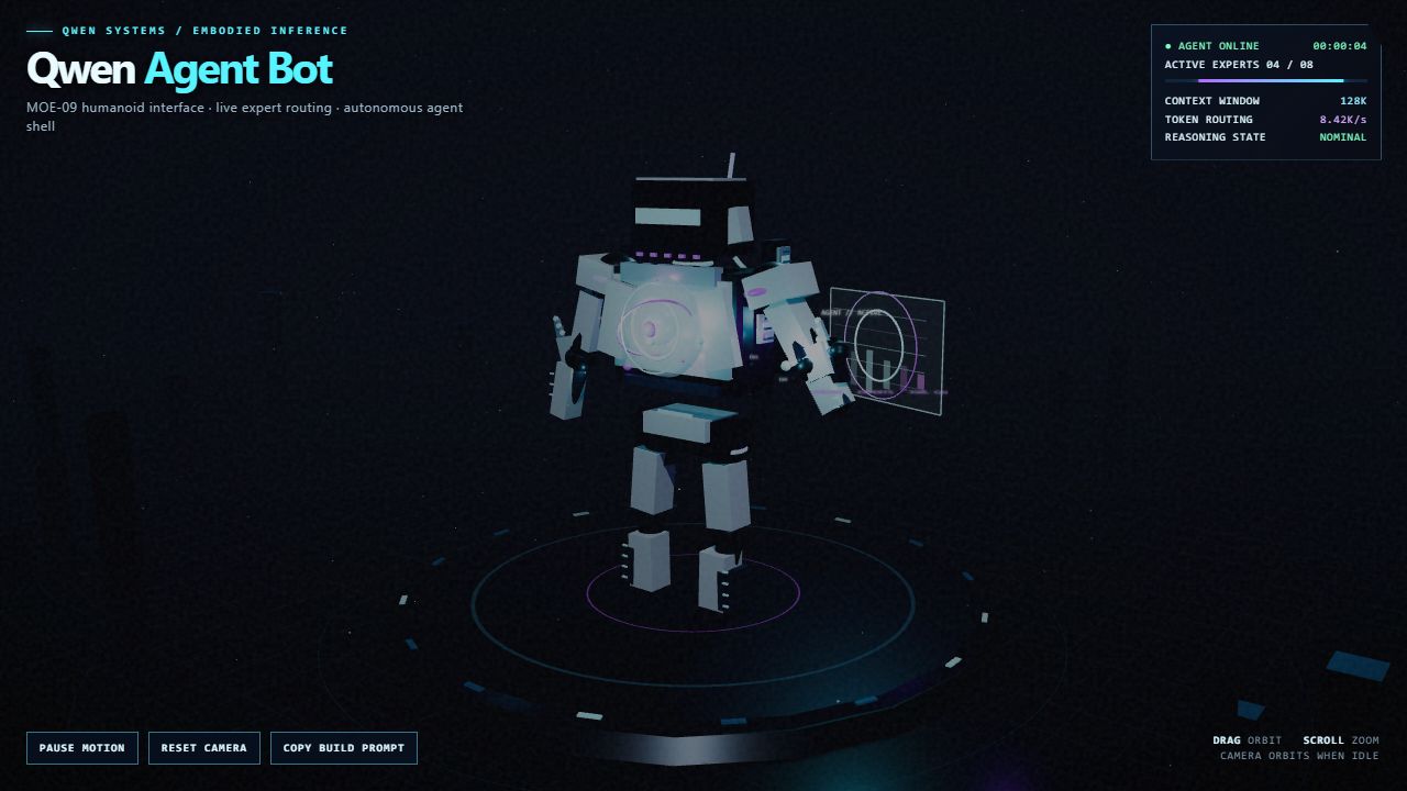 Futuristic Qwen Agent Bot on a glowing circular platform with an AI core and holographic display