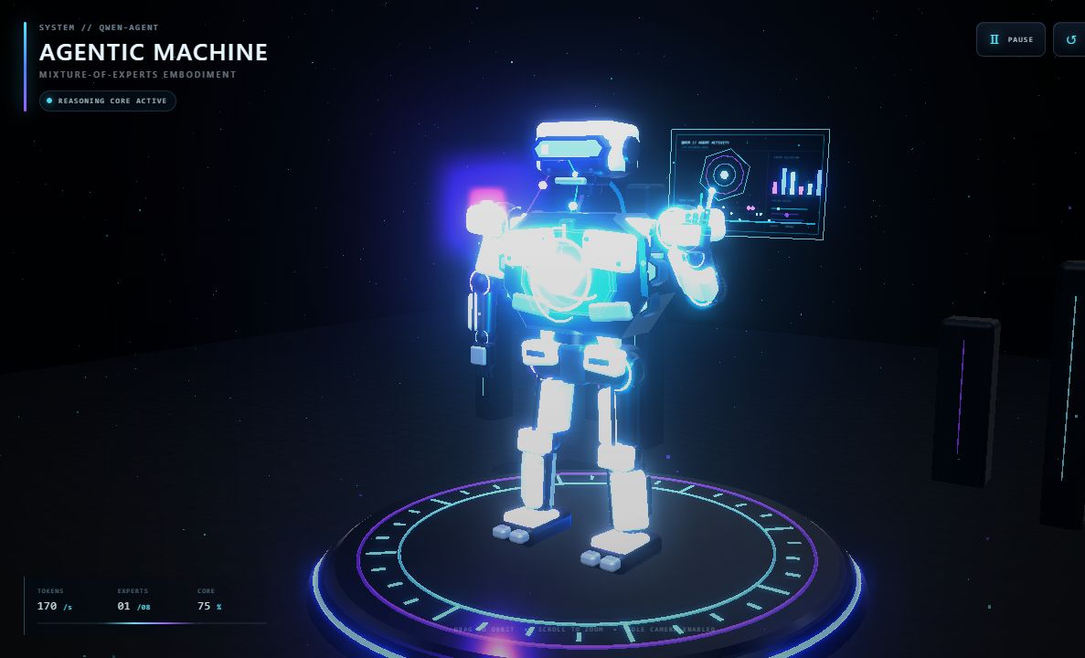 5.6 Sol Ultra Qwen Agent Bot with bright cyan armor lighting, holographic display, and circular platform