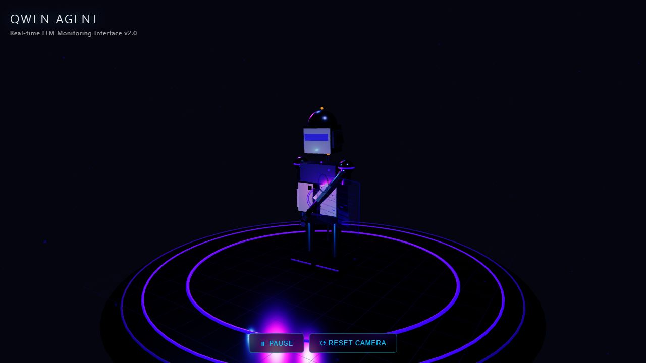 Deepwen Qwen Agent Bot with glowing violet and cyan core, holographic panel, and circular platform