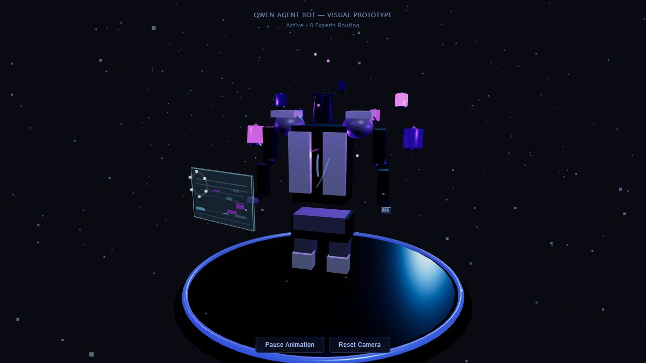 Escha Qwen Agent Bot with violet armor lighting, floating holographic interface, star particles, and metallic platform