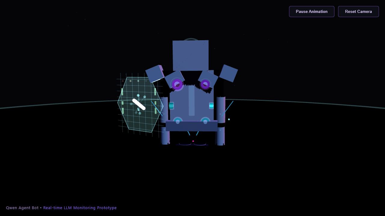 Laguna S 2.1 Qwen Agent Bot with segmented blue and violet armor, holographic display, and star-field environment