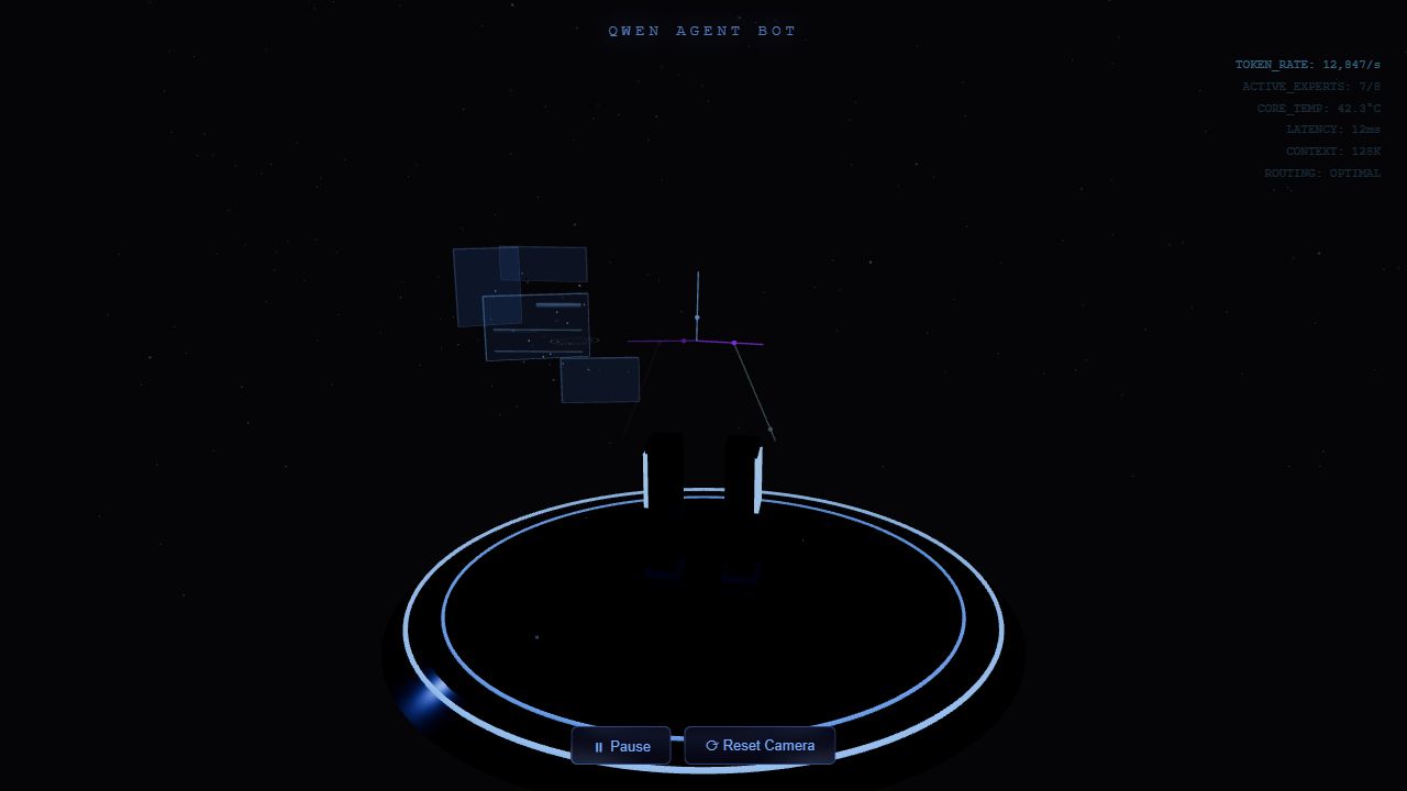 Ornith Qwen Agent Bot in a dark star field with holographic telemetry panels and a luminous circular platform