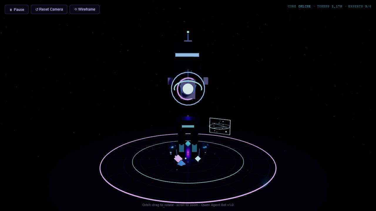 Ling 3.0 Flash CIRU INT4 agent bot with a cyan core, violet rings, holographic data panel, star field, and luminous platform