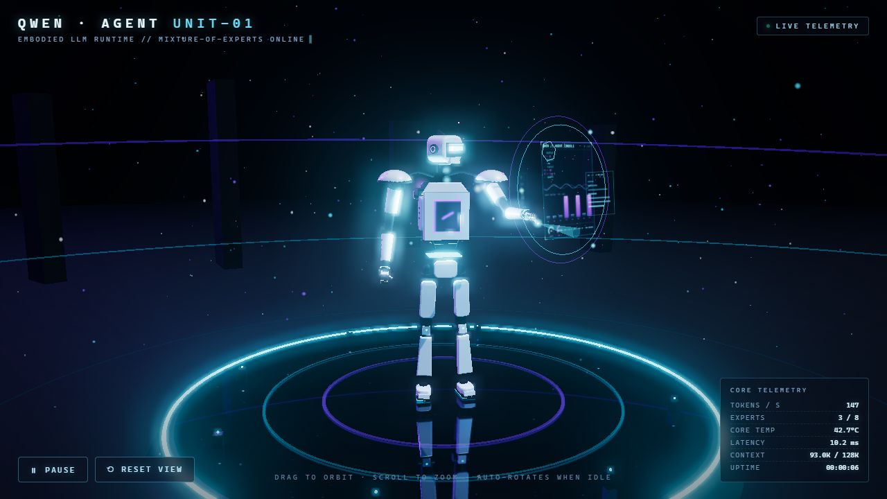 Qwen3.8 Max Agent Unit-01 robot with cyan lighting, holographic dashboard, star field, and reflective circular platform