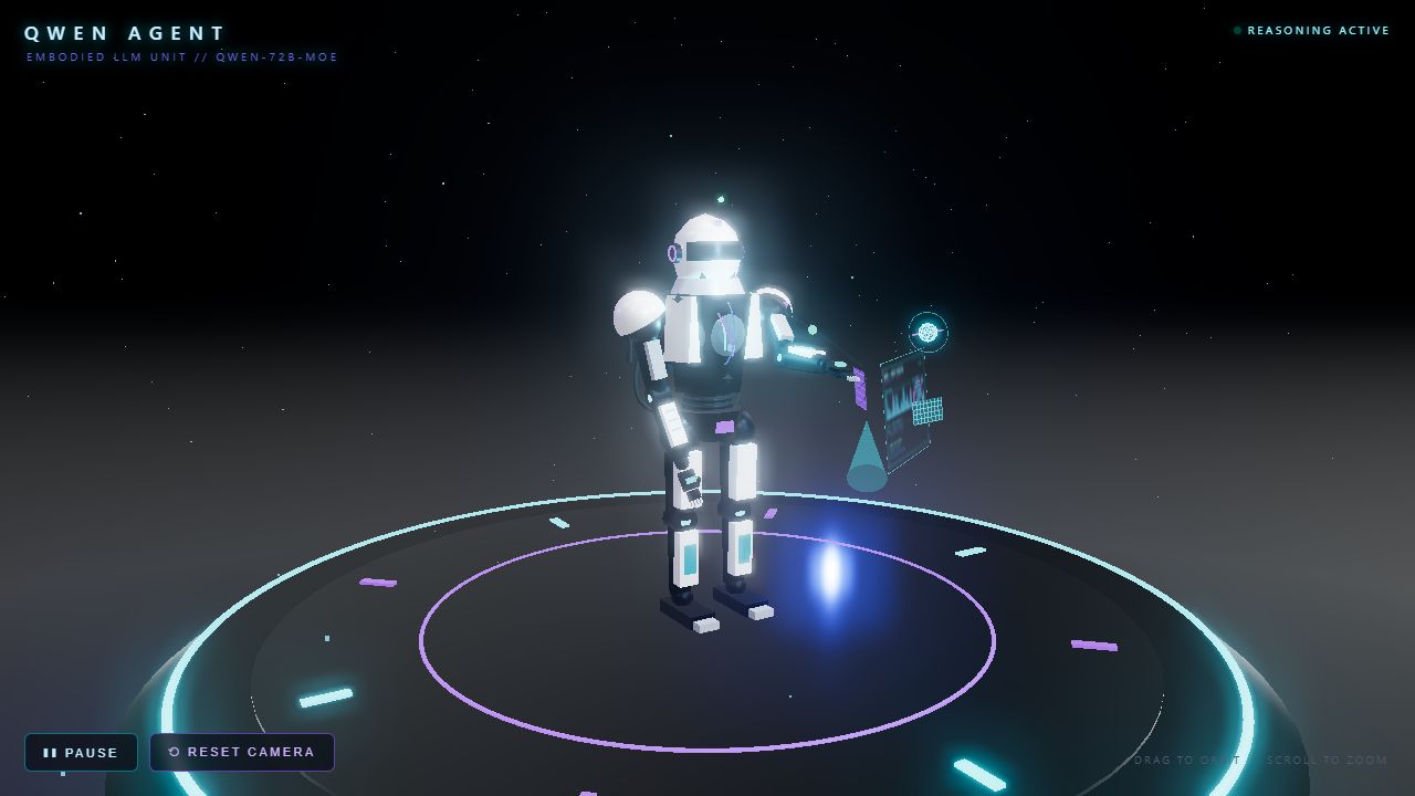 Fixed Qwen3.8-Next-Flash-CIRU agent bot with readable white ceramic armor, cyan core lighting, holographic interface, and circular platform