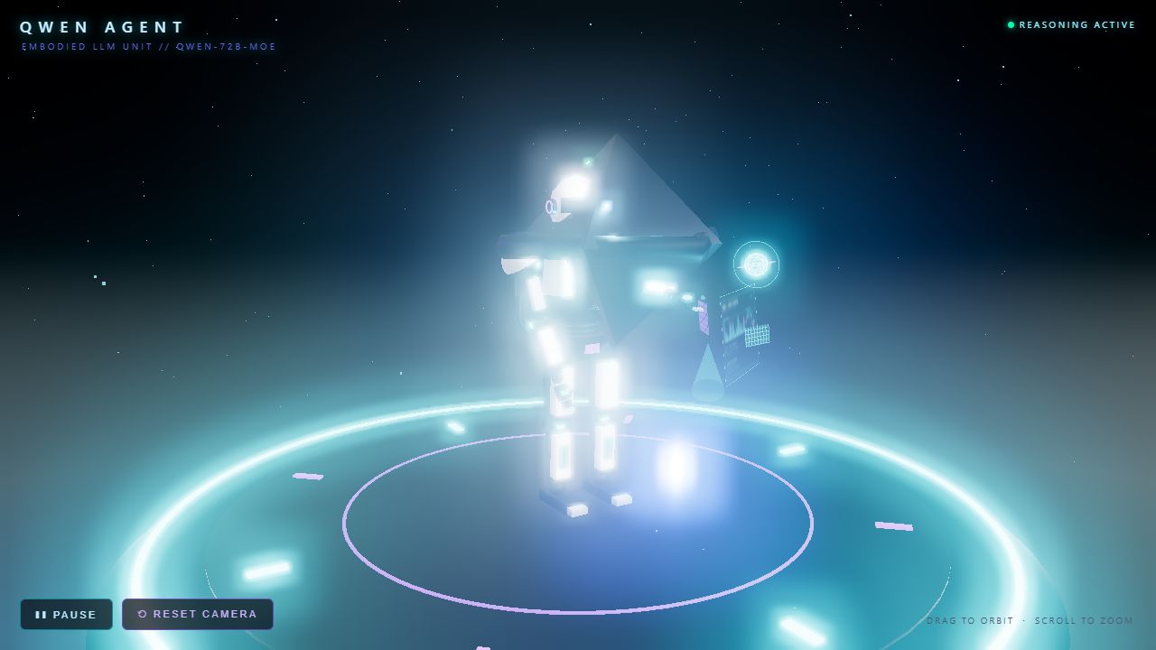 Qwen3.8-Next-Flash-CIRU agent bot with brilliant cyan illumination, holographic interface, star field, and circular platform